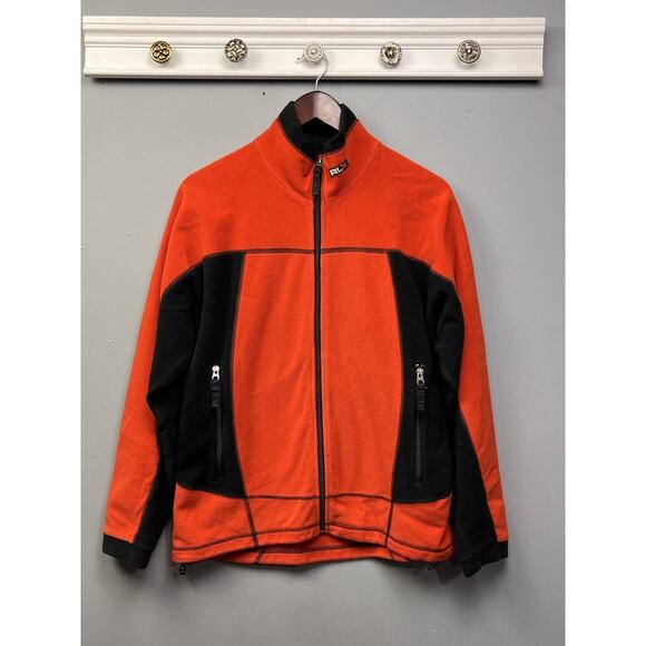 RLX Polo Sport Jacket Mens Medium Orange Black Fleece Full Zip Pockets - Picture 1 of 6